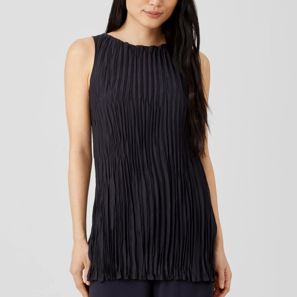 Eileen Fisher Crushed Silk Long Tank Top Navy Blue Size Medium - Picture 2 of 10